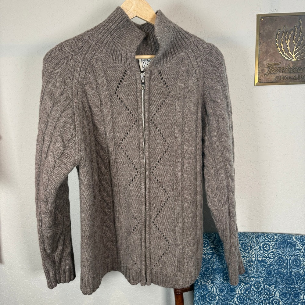 Field‎ Gear Womens 100% Shetland Wool Zip Up Cable Knit Cardigan Sweater Taupe L